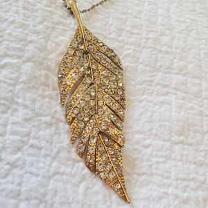 Lucky Feather Pendant - Gold Tone With Rhinestones - Long 34 Inch Chain Necklace